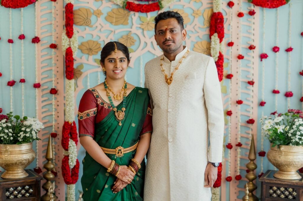 couple Nishitha & Chandan posing on their wedding day
